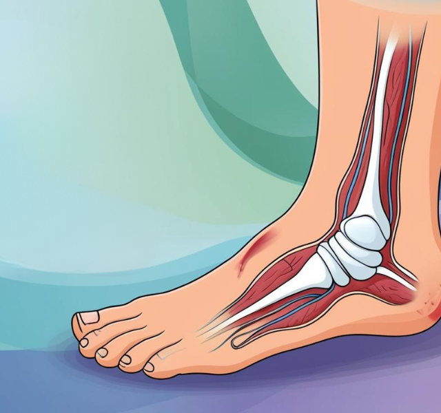 Medical illustration showing early warning signs of diabetic foot disease, including skin discoloration, numbness, swelling and non-healing wounds.