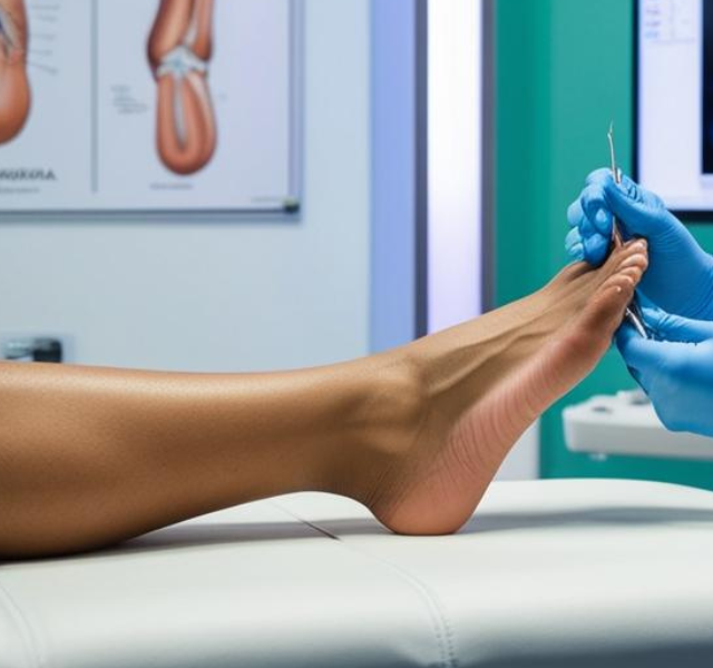A podiatrist examining a patient's foot in a medical facility, highlighting podiatry medicine in India and its role in diabetic foot care.