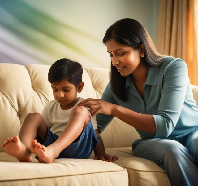 A parent checking their child’s foot for potential issues, ensuring early detection of foot health problems.
