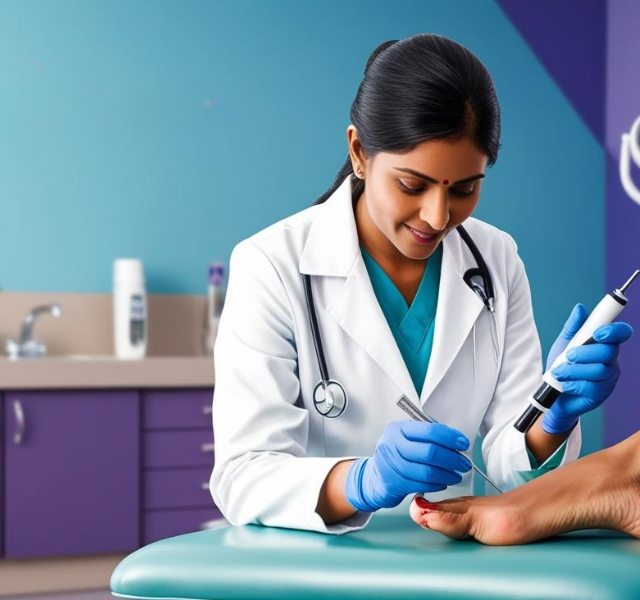 A podiatrist assessing a diabetic patient’s foot health, emphasizing early detection and specialized care to prevent complications.