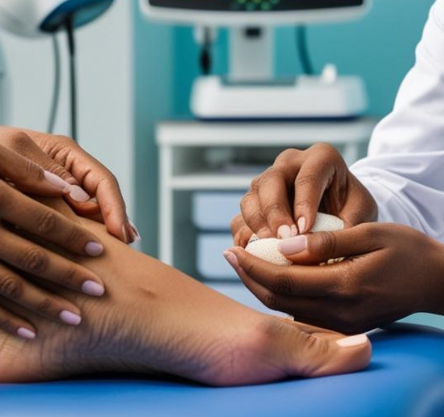 A podiatrist examining a diabetic patient’s foot for neuropathy and ulcers, highlighting the importance of early diagnosis and specialized foot care.